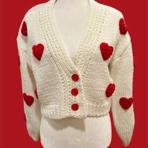 Cozy White Sweater with Red Heart Accents